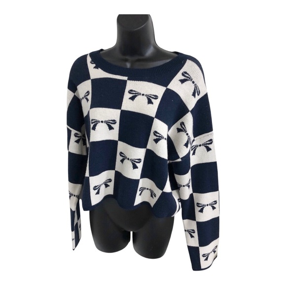 Sincerely Jules navy blue & cream checkerboard look dark blue bow sweater size L - Picture 1 of 9